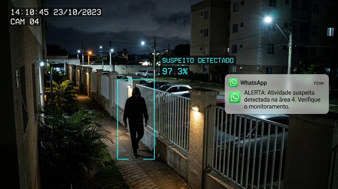 IA detectando invasor no perímetro do condomínio com notificação em tempo real